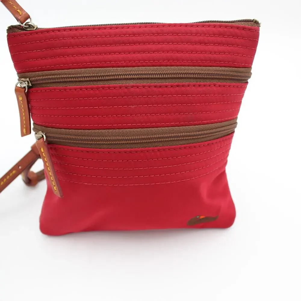 Dooney Bourke Triple Zip Crossbody Bag Red Nylon Leather Trim Travel Preppy